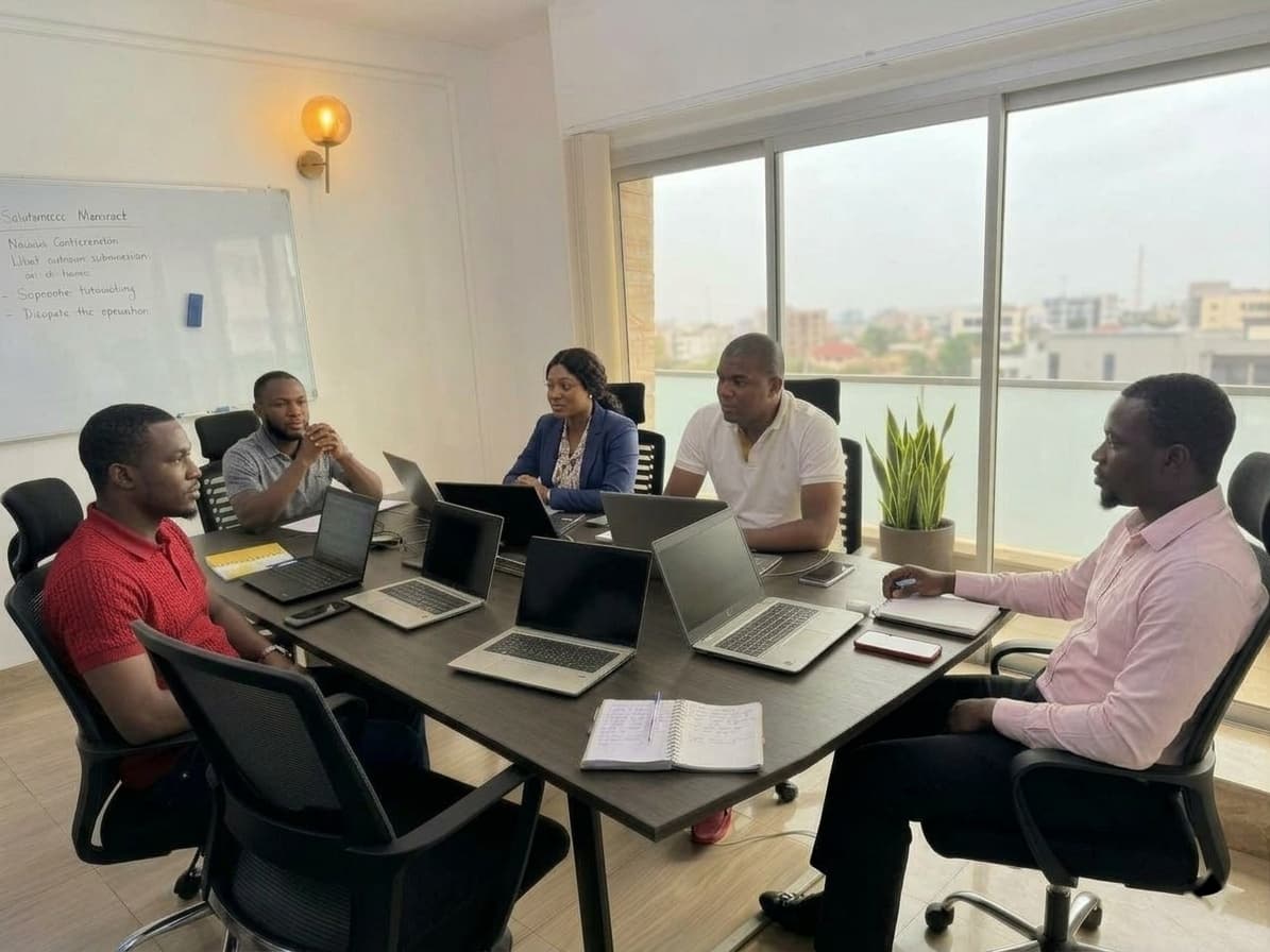 Comité de projet réuni autour d'une table de réunion, ordinateurs ouverts